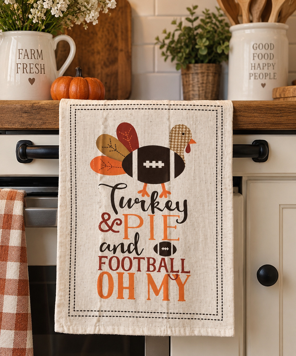 Turkey Pie and Football Thanksgiving Kitchen Towel Fall Holiday Decor Hostess